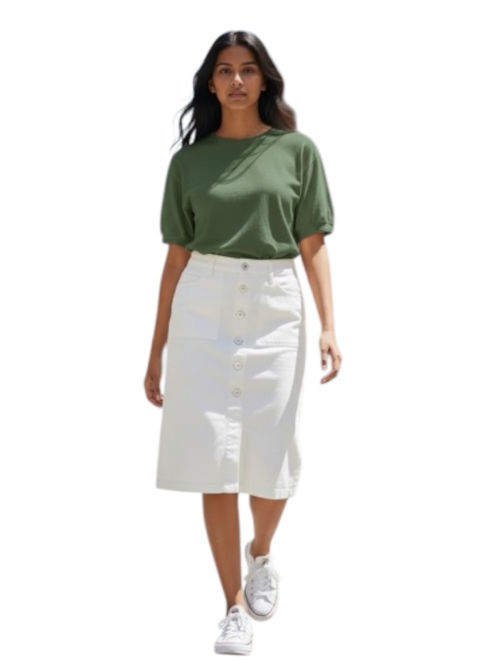 Uniqlo White Denim Button-Front Midi Pencil Skirt 10 Minimalist Staple Coastal